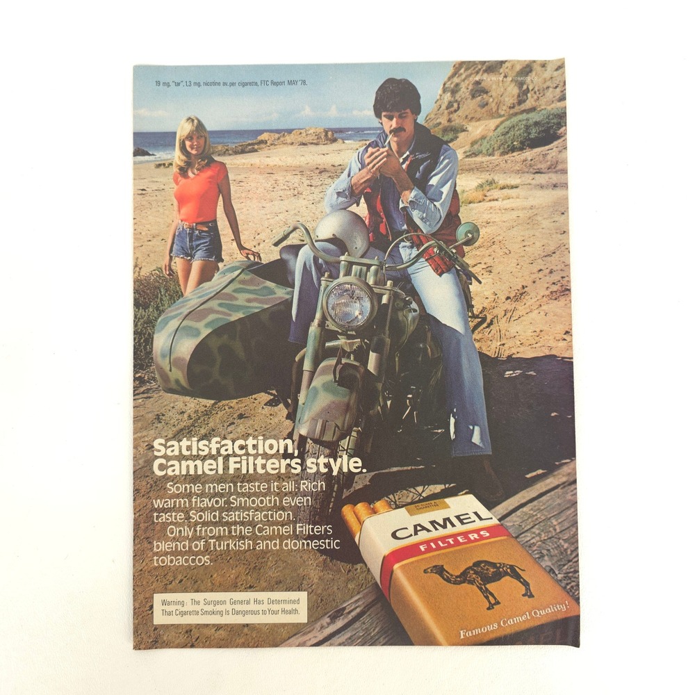 Vintage Camel Cigarettes Print Ad Motorcycle Beach 1979 Tobacco Promo Wall Art